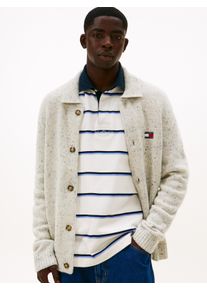 Cardigan Tommy Jeans "TJM BADGE KNITTED", Herren, Gr. XXL, ancient wei&szlig;, Strick, Obermaterial: 78% Wolle, 19% Baumwolle, 3% Polyacryl, gerade, Rippb&uuml;ndchen, Strickjacken Cardigan, regular fit, mit gerippten Kragen, melierte Struktur