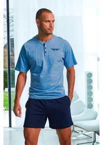 Pyjama AUTHENTIC LE JOGGER "kurzer Schlafanzug f&uuml;r Herren", Herren, Gr. 44/46, blau (blau, meliert, marine), Jersey, Obermaterial: 100% Baumwolle, unifarben, Basic, bequem kurz, Rundhals, abgesteppte Kante, Homewear-Sets Pyjama, mit Knopfleiste, Topseller
