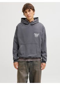 Jack & Jones Kapuzensweatshirt JACK & JONES "JORNORREBRO TYPO BACK SWEAT HOOD SN", Herren, Gr. XL, asphalt, angeraute Sweatware, Obermaterial: 89% Baumwolle, 11% Polyester, bedruckt, relaxed fit normal, ohne Ausschnitt, Rippb&uuml;ndchen, Sweatshirts Kapuzensweatshirt, mit Print