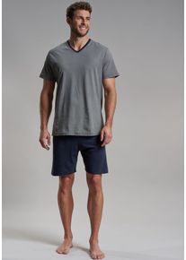 Shorty Bugatti "Genua", Herren, Gr. 54, blau (blau, dunkel, allover), Single Jersey, Obermaterial: 100% Baumwolle, gemustert, unifarben, schmal kurz, V-Ausschnitt, Homewear-Sets Shorty, V-Ausschnitt, Kurzarm, kurze Hose, weich, bequem