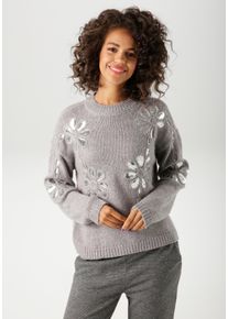 Strickpullover Aniston CASUAL, Damen, Gr. 38, silber (hellgraumeliert, silberfarben), Strick, Obermaterial: 100% Polyacryl, meliert, l&auml;ssig geschnitten h&uuml;ftlang, Rundhals, Rippstrickb&uuml;ndchen, Pullover Strickpullover, mit Pailletten verzierte Bl&uuml;ten-Applikationen