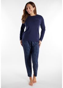 Schlafanzug Tom Tailor "Sitia", Damen, Gr. 38 (M), blau, dunkel, allover, Obermaterial: 95% Viskose, 5% Elasthan, gemustert, bequem normal, Rundhals, gerader Abschluss, Homewear-Sets Schlafanzug, Langarm, Rundhalsausschnitt, mit Muster, basic, Viskosemix