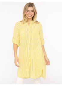 Longbluse Zwillingsherz "Kida", Damen, gelb, Web, Obermaterial: 100% Baumwolle, comfort fit lang, V-Ausschnitt, Krempel&auml;rmel 1-Knopf-Manschette, Blusen Longbluse, One Size, Streifen, Knopfleiste, Brusttaschen, 3/4-Arm
