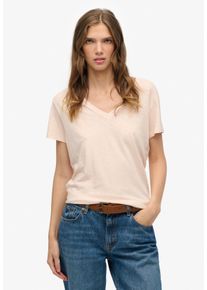 T-Shirt Superdry "STUDIOS SLUB EMB VEE TEE", Damen, Gr. M, pink (mauve morn pink), Single Jersey, Obermaterial: 60% Baumwolle, 40% Lyocell, unifarben, regular fit normal, V-Ausschnitt, Shirts T-Shirt, Baumwollmischung, relaxed fit