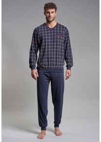 G&ouml;tzburg Pyjama G&Ouml;TZBURG "Bronx", Herren, Gr. 48S, blau (navy), Single Jersey, Obermaterial: 100% Baumwolle, bedruckt, kariert, bequem lang, V-Ausschnitt, Homewear-Sets Pyjama, Langarm, V-Ausschnitt, lange Hose, Baumwolle, mit Muster