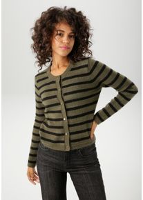 Strickjacke Aniston CASUAL, Damen, Gr. 42, schwarz (oliv, schwarz), Strick, Obermaterial: 75% Polyacryl, 22% Polyester, 3% Elasthan, geringelt, gestreift, l&auml;ssig geschnitten kurz, Rundhals, Rippstrickb&uuml;ndchen, Strickjacken Strickjacke, im Streifen-Dessin