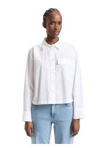 Langarmbluse Tom Tailor Denim, Damen, Gr. S, wei&szlig;, Web, Obermaterial: 100% Baumwolle, unifarben, l&auml;ssig geschnitten h&uuml;ftlang, Rundhals, 1-Knopf-Manschette, Blusen Langarmbluse, gestreift, kurze Form, mit Brusttasche