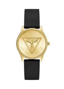 Quarzuhr Guess "ROXY", schwarz (schwarz, champagnerfarben), Armbanduhren, Damen, Quarzuhr, Armbanduhr, Damenuhr, Silikonarmband, Kristallglas
