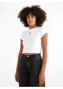 T-Shirt Calvin Klein Jeans "CK RIB BABY TEE", Damen, Gr. XS (34), wei&szlig;, Single Jersey, Obermaterial: 94% Baumwolle, 6% Elasthan, unifarben, Basic taillenlang, Rundhals, Shirts T-Shirt, in kurzer Form