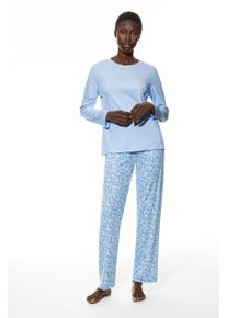 Schlafanzug Mey "Flower Meadow", Damen, Gr. 40, blau (blau silk), Single Jersey, Obermaterial: 100% Baumwolle, bequem lang, Rundhals, Homewear-Sets Schlafanzug, Komfortbund, Rundhalsausschnitt, bequem, Single Jersey, Langarm