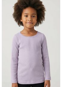 Langarmshirt name it "NMFKAB LS TOP NOOS", M&auml;dchen, Gr. 110, lavender gray, Feinripp, Obermaterial: 57% Baumwolle, 38% Modal, 5% Elasthan, unifarben, regular fit h&uuml;ftbedeckend, Rundhals, abgesteppte Kante, Shirts Langarmshirt, in Feinripp und mit s&uuml;&szlig;er Spitzenkante am Ausschnitt