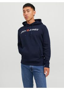 Jack & Jones Kapuzensweatshirt JACK & JONES "JJECORP Hoodie mit Logo und hohem Tragekomfort", Herren, Gr. S, blau (navy blazer), angeraute Sweatware, Obermaterial: 70% Baumwolle, 30% Polyester, bedruckt, normal normal, Rundhals, Rippb&uuml;ndchen, Sweatshirts Kapuzensweatshirt, bedruckt, casual, regular fit, Baumwollmischung, Rundhals