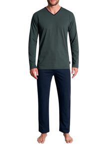Pyjama Tom Tailor "Nevada", Damen, Gr. 48S, gr&uuml;n (gr&uuml;n, dunkel, ringel), Single Jersey, Obermaterial: 100% Baumwolle, gestreift, bequem lang, V-Ausschnitt, Homewear-Sets Pyjama, Streifendesign, Langarm, V-Ausschnitt, lange Hose, atmungsaktiv