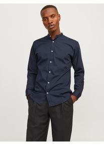 Jack & Jones Langarmhemd JACK & JONES "JJJOE SHIRT LS PLAIN MAO", Herren, Gr. XS, N-Gr, navy blazer, Web, Obermaterial: 65% Polyester, 35% Baumwolle, unifarben, slim fit h&uuml;ftlang, Hemden Langarmhemd