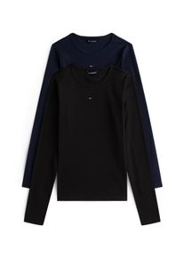 Langarmshirt Tommy Jeans "TJW 2PACK SLIM ESSENTIAL RIB LS", Damen, Gr. XL (46), blau (schwarz, schwarz night navy), Single Jersey, Obermaterial: 95% Baumwolle, 5% Elasthan, Basic, slim fit h&uuml;ftlang, Rundhals, abgesteppt, Shirts Langarmshirt, in Rippoptik, mit Logostickerei