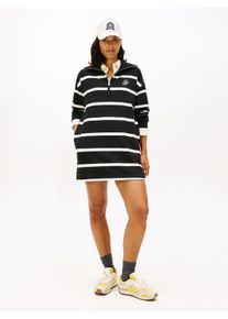 Minikleid Tommy Hilfiger "TH SCRIPT 1/2 ZIP TERRY DRESS", Damen, Gr. XXXL(46), N-Gr, schwarz, calico stp, Jersey, Obermaterial: 83% Baumwolle, 13% Polyester, 4% Elasthan, gestreift, Kleider Minikleid