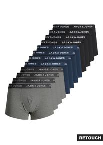 Jack & Jones Trunk JACK & JONES "JACSOLID Stretchkomfort, elastisch, bequem mit sportlichem Look", Herren, Gr. M, 12 Stk., schwarz pack:4xschwarz, 4xnavy blazer, 4xlgm, Jersey, Obermaterial: 95% Baumwolle, 5% Elasthan, unifarben mit Farbeinsatz, Unterhosen Trunk, bedruckt, modisch, eng anliegend, Baumwollmischung, B&uuml;ndchen
