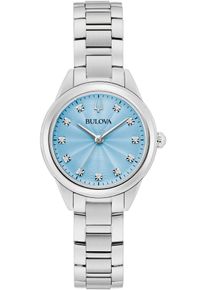 Quarzuhr Bulova, silber (silberfarben, hellblau), Armbanduhren, Damen, Quarzuhr, Armbanduhr, Damenuhr, Edelstahlarmband, mit Diamanten