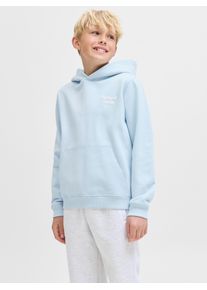 Jack & Jones Kapuzensweatshirt JACK & JONES JUNIOR "JORNORREBRO TYPO BACK SWEAT HOOD SN JNR", Jungen, Gr. 152, blau (skyway), angeraute Sweatware, Obermaterial: 89% Baumwolle, 11% Polyester, bedruckt, relaxed fit normal, Rundhals, Rippb&uuml;ndchen, Sweatshirts Kapuzensweatshirt, Baumwollmischung, relaxed fit, Langarm