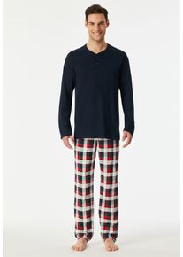 Schlafanzug Schiesser "Family", Herren, Gr. 56, nachtblau, Single Jersey, Obermaterial: 100% Baumwolle, bequem lang, Rundhals, Homewear-Sets Schlafanzug, Rundhalsausschnitt mit Knopfleiste, Brusttasche, Langarm, Hose kariert