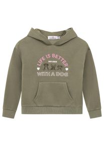 Hoodie Zwillingsherz "Dog Life", M&auml;dchen, Gr. 134/140, khaki, Sweatware, Obermaterial: 80% Polyester, 20% Baumwolle, Sweatshirts Hoodie, Mini-Me,mit gestickten Hunden und Slogan