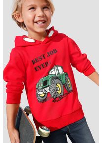 Kapuzensweatshirt Kidsworld "BEST JOB EVER", Jungen, Gr. 140/146, rot, angeraute Sweatware, Obermaterial: 100% Baumwolle. Kapuzenfutter: 100% Baumwolle, bedruckt, Basic, B&uuml;ndchen, Sweatshirts Kapuzensweatshirt, Kapuzensweatshirt mit Traktor-Print, Topseller