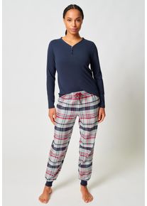 Pyjama Skiny "Night In Skiny Flanell", Damen, Gr. 38, navy blazer, Flanell, Obermaterial: 95% Baumwolle, 5% Elasthan. Obermaterial Hose: 100% Baumwolle, unifarben, bequem lang, V-Ausschnitt, Homewear-Sets Pyjama, elastischer Bund, Bindeband, Oberteil mit Kn&ouml;pfen, lang&auml;rmelig