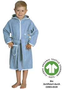 W&ouml;rner Kinderbademantel W&Ouml;RNER "Dinofamilie" Gr. 110, stahlblau, 110/116, Baumwolle, Hausm&auml;ntel, Kinderbademantel, Biobaumwolle, mit Stickerei, mit Tasche