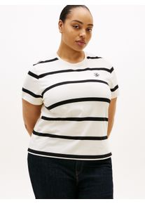 Kurzarmshirt Tommy Hilfiger Curve "CRV TH SCRIPT REG C-NK SS TEE", Damen, Gr. 46, calico, schwarz stp, Single Jersey, Obermaterial: 95% Baumwolle, 5% Elasthan, gestreift, Rundhals, Shirts Kurzarmshirt, in gro&szlig;en Gr&ouml;&szlig;en