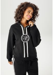 Sweatshirt Aniston CASUAL, Damen, Gr. 36, schwarz-wei&szlig; (schwarz, wei&szlig;), angeraute Sweatware, Obermaterial: 80% Baumwolle, 20% Polyester, bestickt, kontrastfarbene Details, l&auml;ssig geschnitten h&uuml;ftlang, Rippb&uuml;ndchen, Sweatshirts Sweatshirt, aufw&auml;ndig mit Stickerei und Spitzenb&auml;ndern verziert