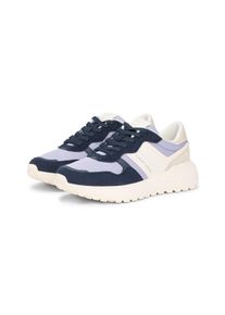 Keilsneaker Tommy Jeans "TJW CLEATED RUNNER SUEDE MIX", Damen, Gr. 38, blau, wei&szlig;, Leder, Lederimitat, Textil, kontrastfarbene Details, Schuhe Keilsneaker, Freizeitschuh, Halbschuh, Schn&uuml;rschuh mit Logoschriftz&uuml;gen