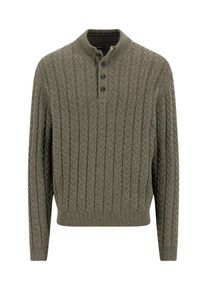 Troyer Fynch-Hatton, Herren, Gr. L, schwarz khaki, Strick, Obermaterial: 65% Baumwolle, 35% Wolle, unifarben, normal h&uuml;ftbedeckend, Rundhals, Flachstrickb&uuml;ndchen, Pullover Troyer, Strickpullover mit Zopfmuster und Knopfleiste, Woll-Anteil