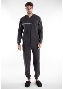 Loungeanzug Bugatti "Bologna", Herren, Gr. 50, grau (grau, dunkel, melange), Obermaterial: 51% Polyester, 46% Baumwolle, 3% Elasthan, bequem lang, Rundhals, Homewear-Sets Loungeanzug, Rei&szlig;verschluss, mit Logo, Rundhalsausschnitt, Langarm, lange Hose