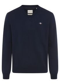 V-Ausschnitt-Pullover Gant "COTTON/WOOL", Herren, Gr. M, blau (evening blau), Strick, Obermaterial: 70% Baumwolle, 30% Wolle, normal normal, V-Ausschnitt, Rippb&uuml;ndchen, Pullover V-Ausschnitt-Pullover, normale Passform, Strickpullover