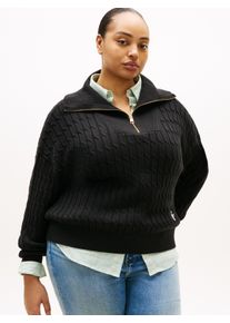 Troyer Tommy Hilfiger Curve "CRV CO CABLE MID GG 1/2 ZIP SWT", Damen, Gr. 46, schwarz, Strick, Obermaterial: 100% Baumwolle, unifarben, Rippb&uuml;ndchen, Pullover Troyer, in gro&szlig;en Gr&ouml;&szlig;en, mit Zopfmuster