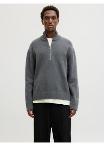 Jack & Jones Troyer JACK & JONES "JORNORREBRO KNIT HALF ZIP SN", Herren, Gr. S, grau (dunkelgrau melange), Strick, Obermaterial: 55% Baumwolle, 22% Polyester, 21% Polyacryl, 2% Elasthan, meliert, relaxed fit h&uuml;ftlang, hoch geschlossener Ausschnitt, Strickb&uuml;ndchen, Pullover Troyer