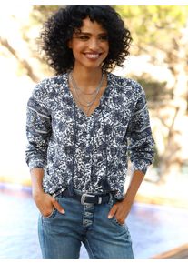 Langarmbluse Heine, Damen, Gr. 38, champagner, dunkelblau, bedruckt, 100% Baumwolle, bedruckt, gebl&uuml;mt, gemustert, mehrfarbig, Rundhals, Blusen Langarmbluse