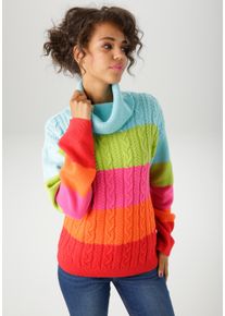 Strickpullover Aniston CASUAL, Damen, Gr. 38, t&uuml;rkis, apfelgr&uuml;n, pink, orange, rot, Strick, Obermaterial: 100% Polyacryl, Zopfmuster, gestreift, l&auml;ssig geschnitten h&uuml;ftlang, Rippstrickb&uuml;ndchen, Pullover Strickpullover, in farbenfroher oder gedeckteren Farbkombination