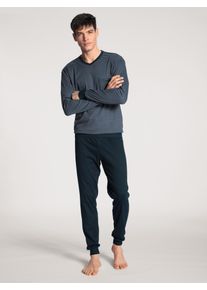Schlafanzug Calida "Relax Streamline", Herren, Gr. XXL (58/60), blau (schwarz sapphire), Interlock, Obermaterial: 100% Baumwolle, unifarben, normal lang, V-Ausschnitt, Rippb&uuml;ndchen, Homewear-Sets Schlafanzug, mit V-Neck und B&uuml;ndchen