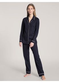 Schlafanzug Calida "Night Lovers", Damen, Gr. L (48/50), blau (schwarz lapis blau), Interlock, Obermaterial: 100% Baumwolle, bequem lang, V-Ausschnitt, Homewear-Sets Schlafanzug, Knopfleiste, Pure Cotton, Interlock-Qualit&auml;t, Langarm