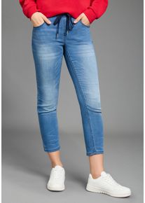 Jogg Pants Kangaroos "7/8 JOGG-DENIM", Damen, Gr. 50, N-Gr, blau (new mid blau), Jersey, Obermaterial: 59% Alpaka, 40% Polyester, 1% Elasthan, Abriebeffekte, Basic, bequem 7/8-L&auml;nge, Jeans Jogg Pants, weites Bein, mit Used-Waschung, hohe Leibh&ouml;he, 7/8-L&auml;nge