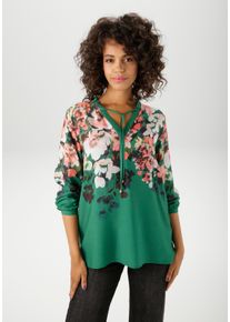 Schlupfbluse Aniston CASUAL, Damen, Gr. 48, schwarz (smaragdgr&uuml;n, orange, rot, pink, wei&szlig;, rose, dunkelbraun, nachtblau, schwarz, gelb, helloliv, apricot), Web, Obermaterial: 100% Viskose, bedruckt, gebl&uuml;mt, figurumspielend h&uuml;ftbedeckend, V-Ausschnitt, 1-Knopf-Manschette, Blusen Schlupfbluse, mit farbenfrohen Bl&uuml;ten bedruckt