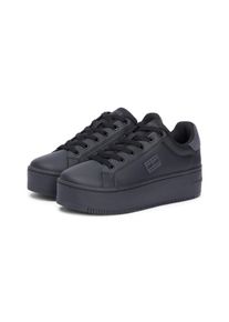 Plateausneaker Tommy Jeans "TJW FLATFORM ESS MU", Damen, Gr. 38, schwarz, Leder, Schuhe Plateausneaker, Freizeitschuh, Halbschuh, Schn&uuml;rschuh mit Kontrastbesatz