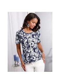 Kurzarmshirt Lady "Shirt", Damen, Gr. 44, blau (marine, ecru, bedruckt), 95% Viskose, 5% Elasthan, gebl&uuml;mt, gemustert, mehrfarbig, Rundhals, Shirts