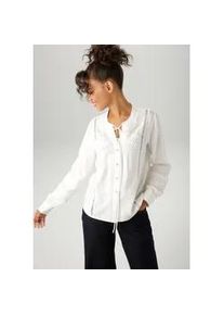 Hemdbluse Aniston CASUAL, Damen, Gr. 38, wei&szlig; (wollwei&szlig;), Web, Obermaterial: 100% Viskose, unifarben, figurumspielend taillenbedeckt, Rundhals, Manschette, Blusen Hemdbluse, aufw&auml;ndig mit verschiedenen Spitzen verziert