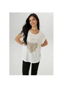 Shirtbluse Aniston SELECTED, Damen, Gr. 38, wei&szlig; (sanftes wei&szlig;, camel, gold), Cr&ecirc;pe, Obermaterial: 95% Polyester, 5% Elasthan. R&uuml;ckenteil: 95% Viskose, 5% Elasthan, bedruckt, gemustert, l&auml;ssig geschnitten h&uuml;ftbedeckend, Rundhals, mit Umschlag, Blusen, mit gl&auml;nzenden, goldfarbenen Herzen bedruckt