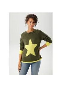 Strickpullover Aniston CASUAL, Damen, Gr. 38, gelb (oliv, gelb), Strick, Obermaterial: 100% Polyacryl, unifarben mit Farbeinsatz, figurumspielend h&uuml;ftlang, Rundhals, Raglan&auml;rmel Rippstrickb&uuml;ndchen, Pullover Strickpullover, mit gro&szlig;em Stern im Vorderteil