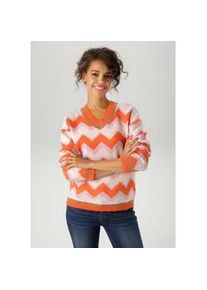 Strickpullover Aniston CASUAL, Damen, Gr. 34, orange, flieder, ros&eacute;, goldfarben, Strick, Obermaterial: 49% Viskose, 26% Polyamid, 24% Polyester, 1% metallisierte Fasern, Glanzfaden, Jacquardmuster, l&auml;ssig geschnitten h&uuml;ftlang, V-Ausschnitt, Rippstrickb&uuml;ndchen, Pullover Strickpullover, im interessantem Zick-Zack-Muster