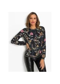 Langarmbluse bonprix, Damen, Gr. 42, schwarz (schwarz floral), Obermaterial: 100% Polyester. Einsatz: 97% Polyester, 3% metallisierte Fasern, loose fit, Blusen, lockere Passform, aus Polyester, eleganter Stil