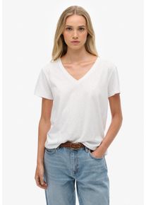 T-Shirt Superdry "STUDIOS SLUB EMB VEE TEE", Damen, Gr. XXL, optic, Single Jersey, Obermaterial: 100% Seide, unifarben, regular fit normal, V-Ausschnitt, Shirts T-Shirt, Baumwollmischung, relaxed fit